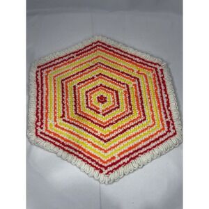 Handmade Yarn Placemat Hot Pad Knit Crochet Double Sided Orange Vintage 1970s